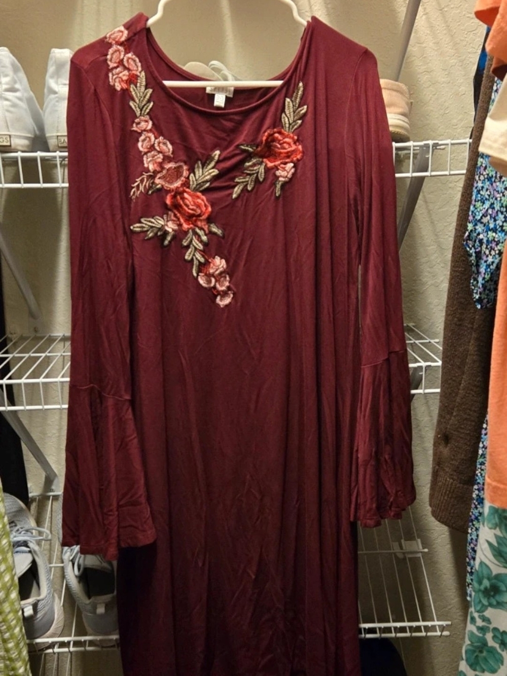 Spense Burgundy Midi Dress with Floral Embroidery